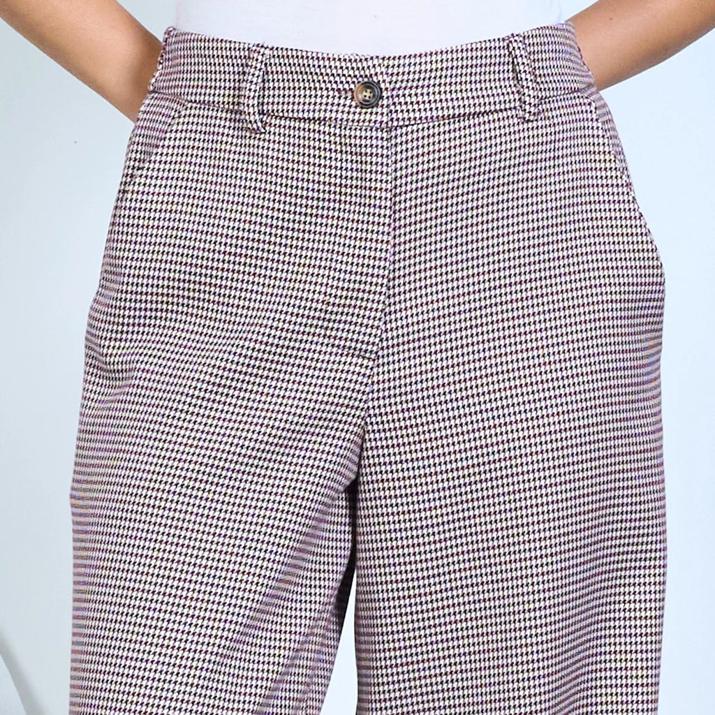 Micro-check wide-leg trousers with high waist and front pleats