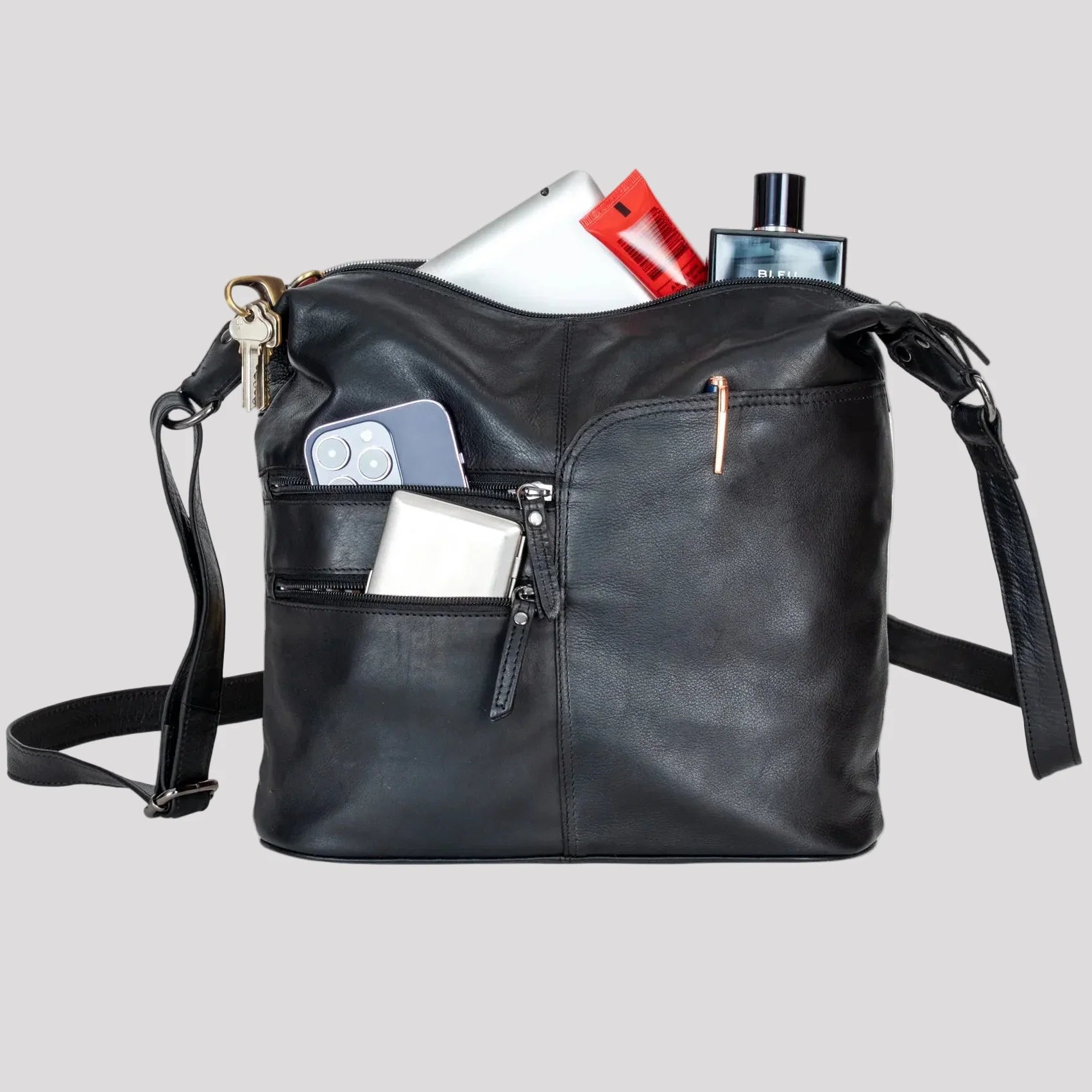 Greenwood Leather Shoulder Bag with 2 Zip Pockets
