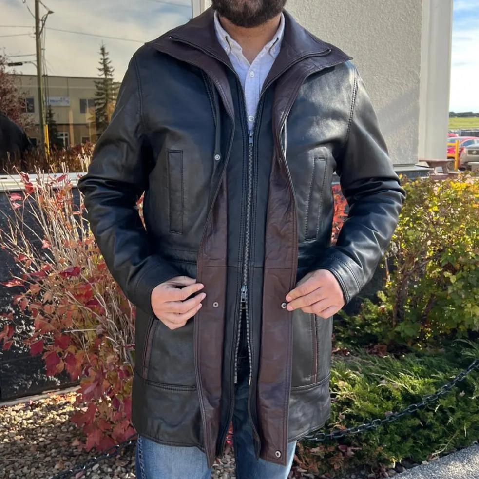 BOL Men's Double Collar Two-Tone Long Coat | Leather Jacket