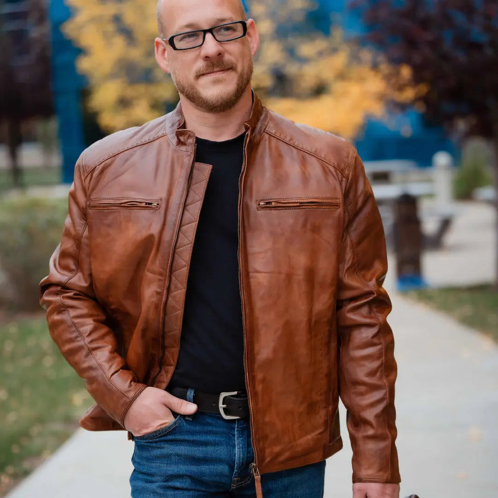 BOL Men's Racer Leather Jacket. Tan Sheep Oily Leather Moto Jacket