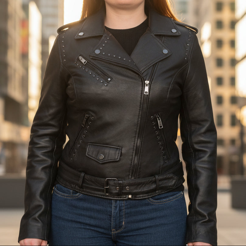 BOL Women’s Nova Leather Moto Jacket. Shadow Chrome Studded Biker Jacket with Waist Belt