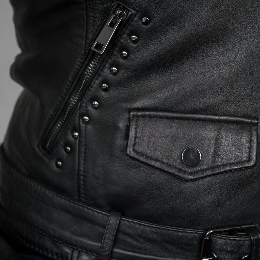 BOL Women’s Nova Leather Moto Jacket. Shadow Chrome Studded Biker Jacket with Waist Belt