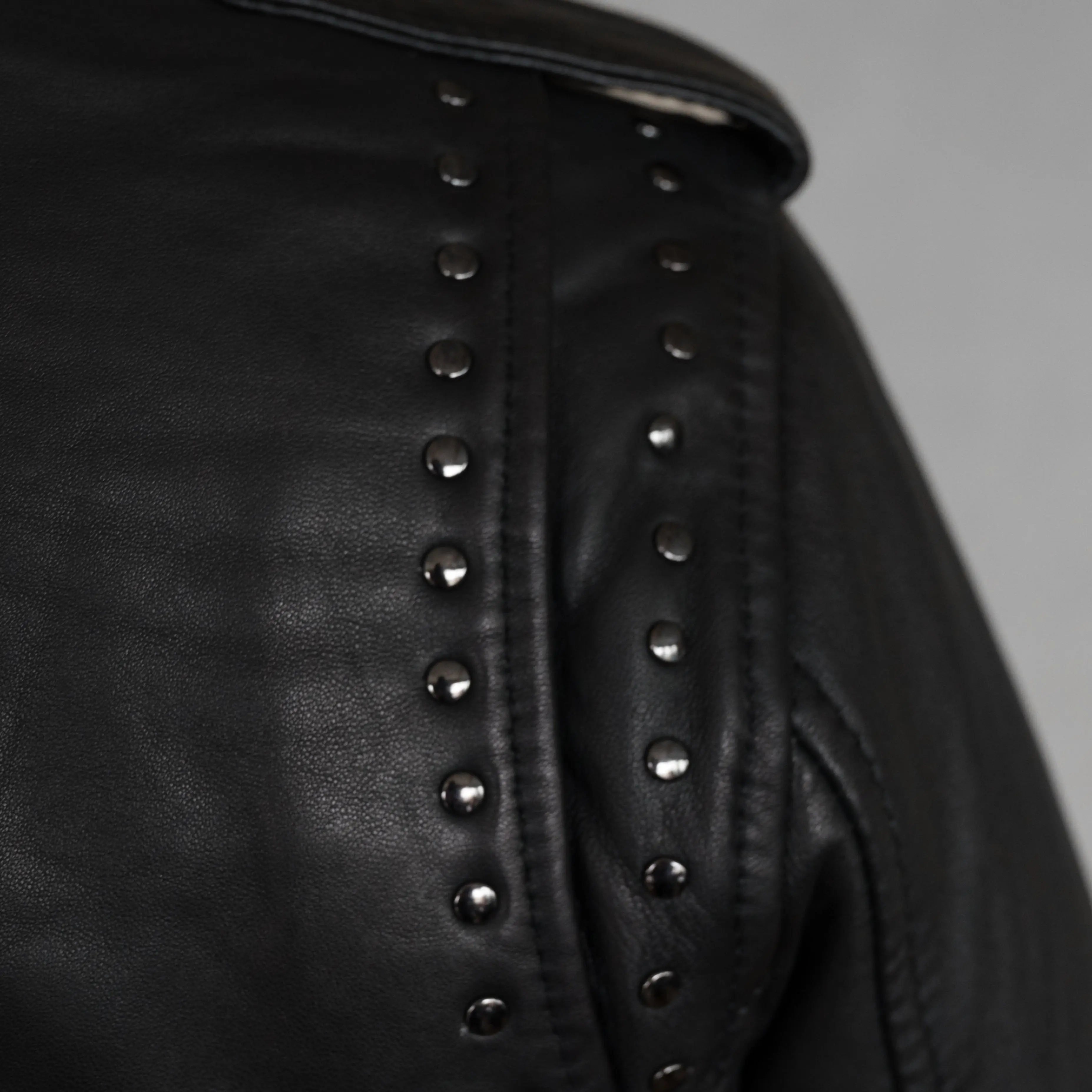 BOL Women’s Nova Leather Moto Jacket. Shadow Chrome Studded Biker Jacket with Waist Belt