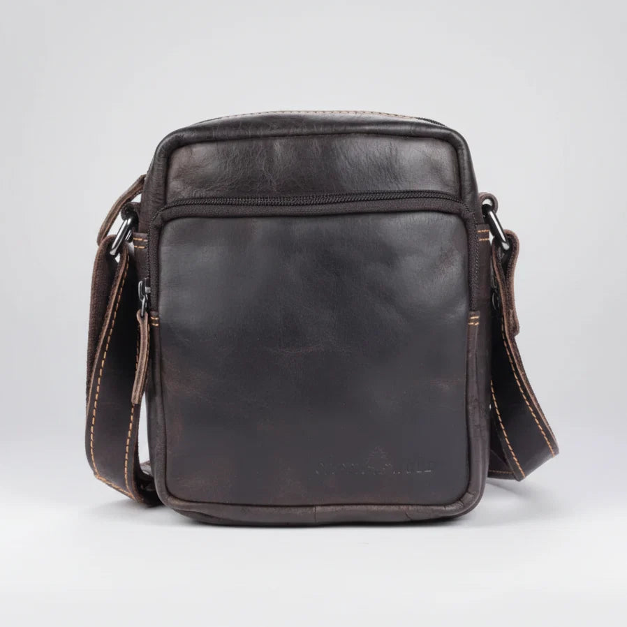 Greenwood Leather Mini-Messenger Bag. Premium Compact Crossbody Travel Organizer