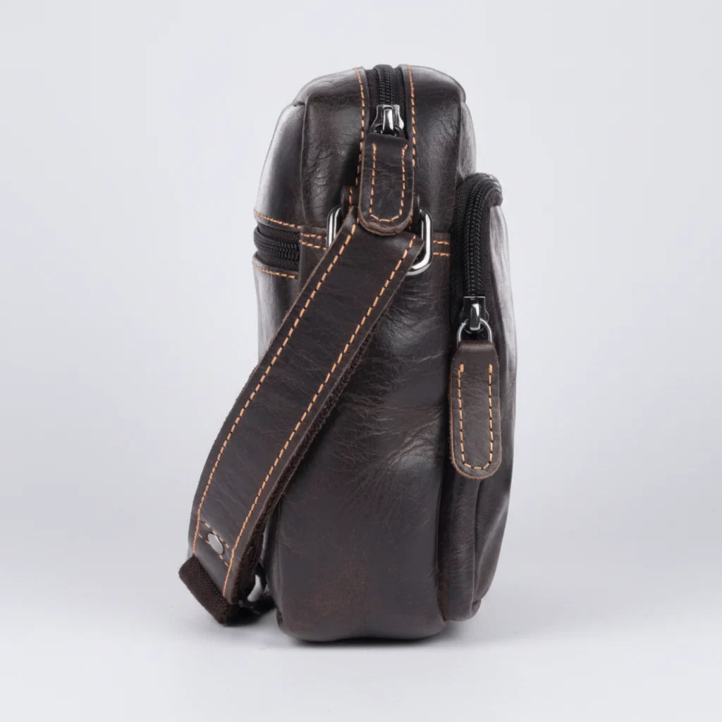 Greenwood Leather Mini-Messenger Bag. Premium Compact Crossbody Travel Organizer