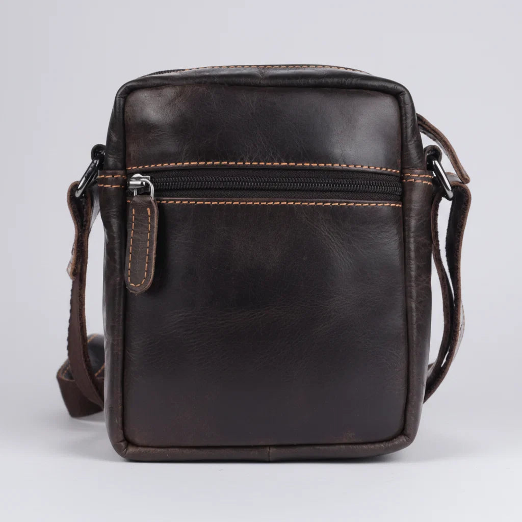 Greenwood Leather Mini-Messenger Bag. Premium Compact Crossbody Travel Organizer