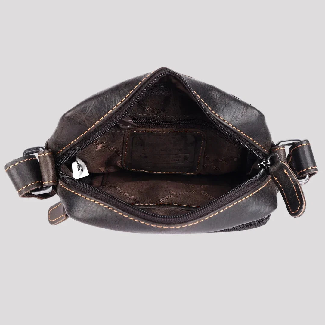 Greenwood Leather Mini-Messenger Bag. Premium Compact Crossbody Travel Organizer