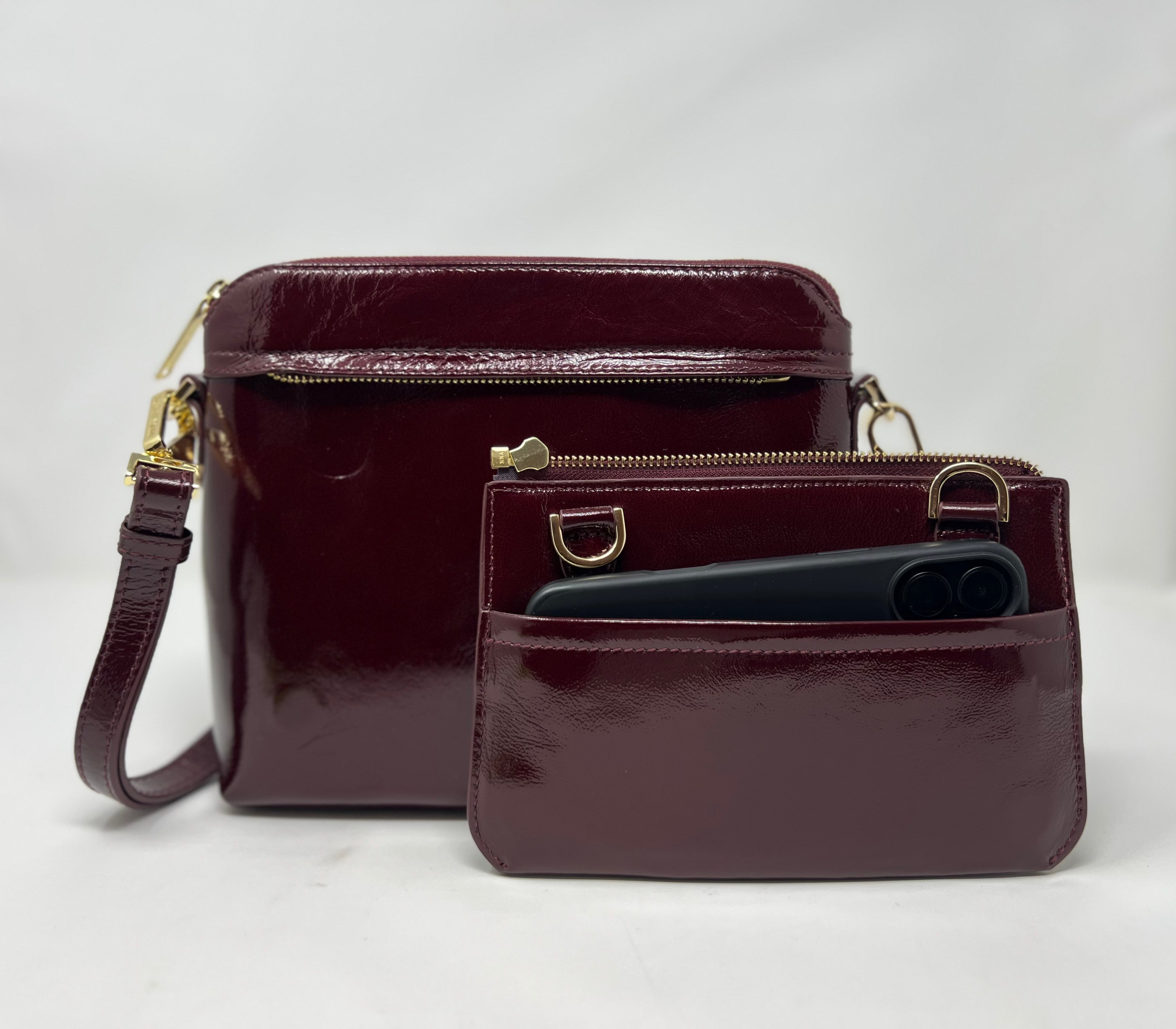 Petit Sac à Bandoulière en Cuir Rouge bordeaux vernis , Brigitte