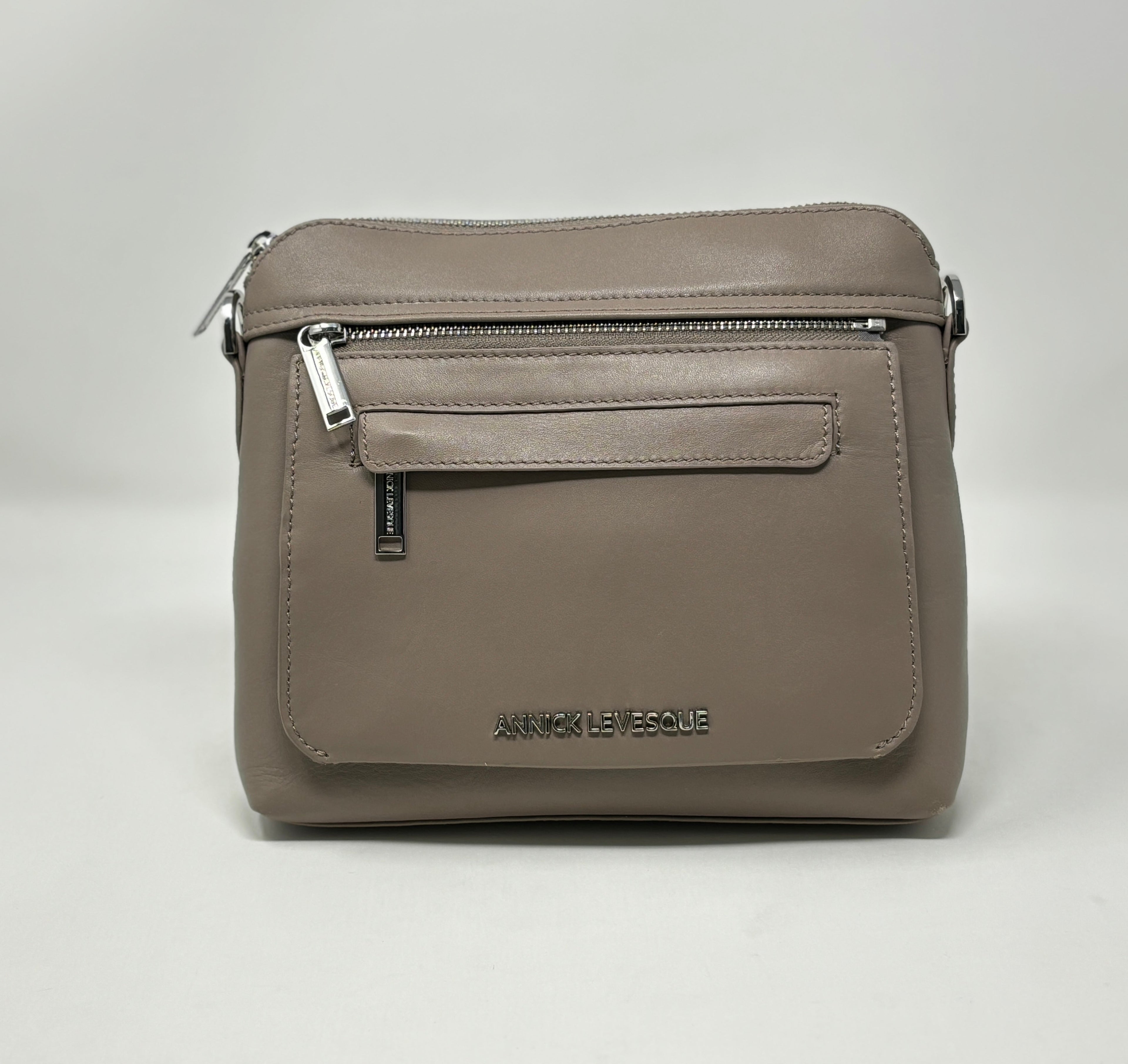 Petit Sac à Bandoulière en Cuir Taupe, Brigitte