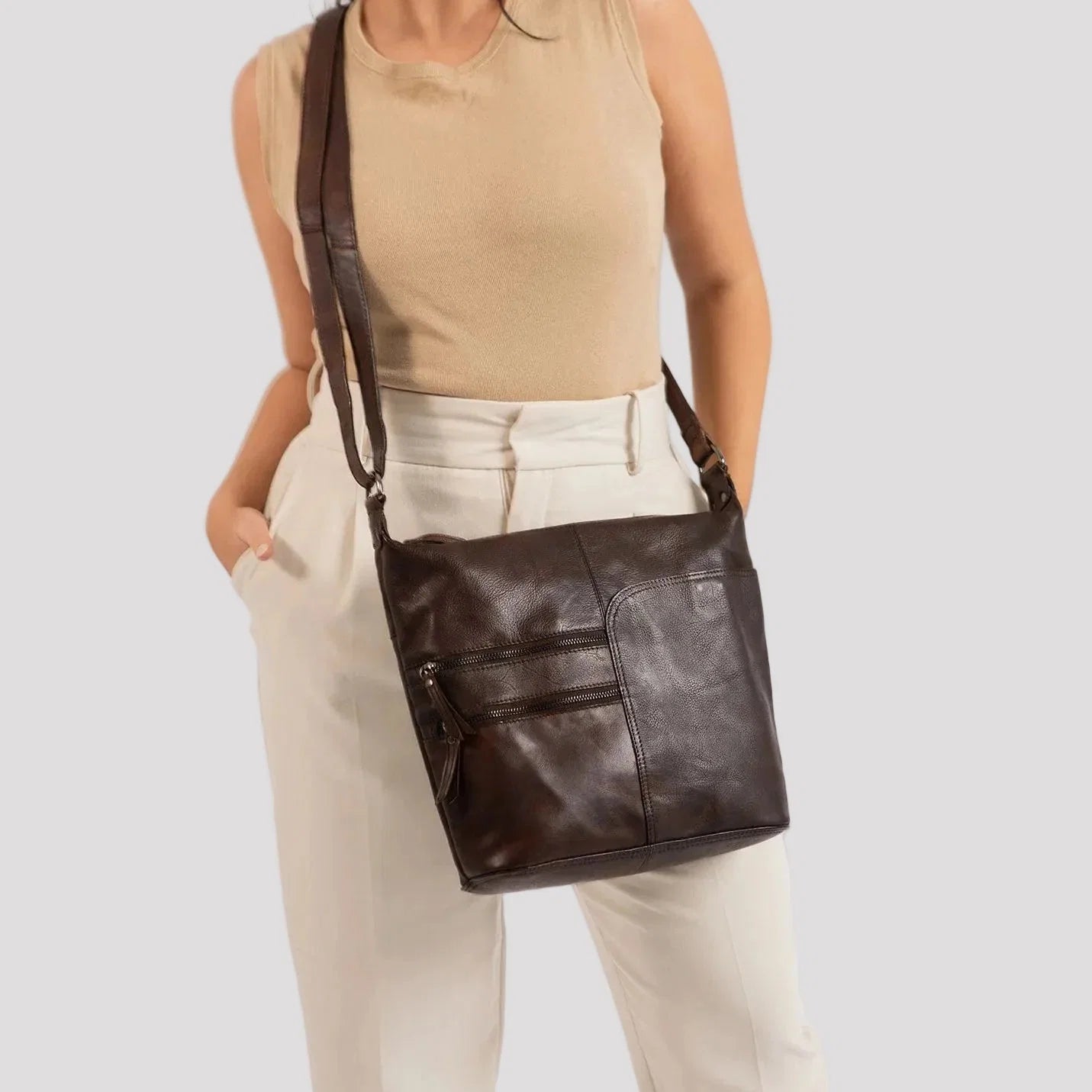 Greenwood Leather Shoulder Bag with 2 Zip Pockets
