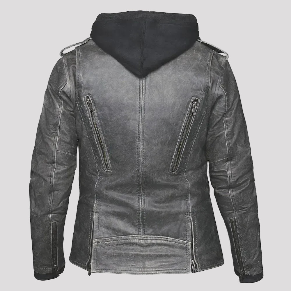 Open Road Women's Hooded Classic Leather Motorcycle Jacket