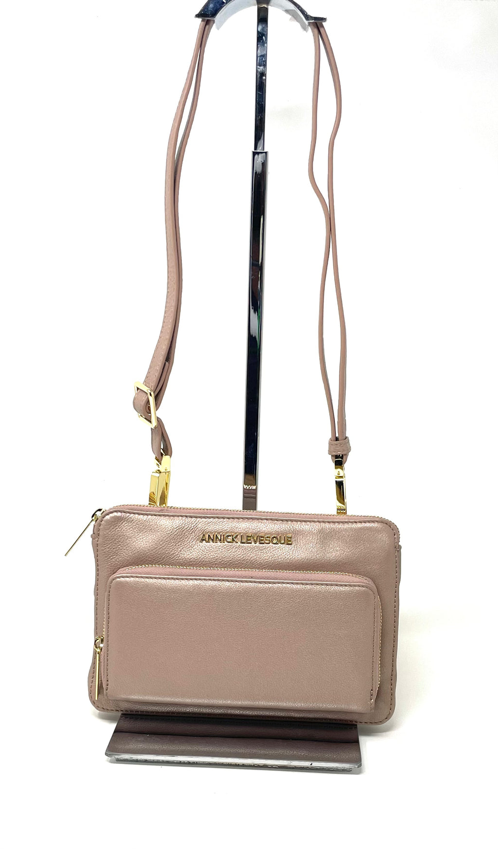 Petit Sac à Main-Portefeuille en Cuir Véritable Rose Platine, Carmen