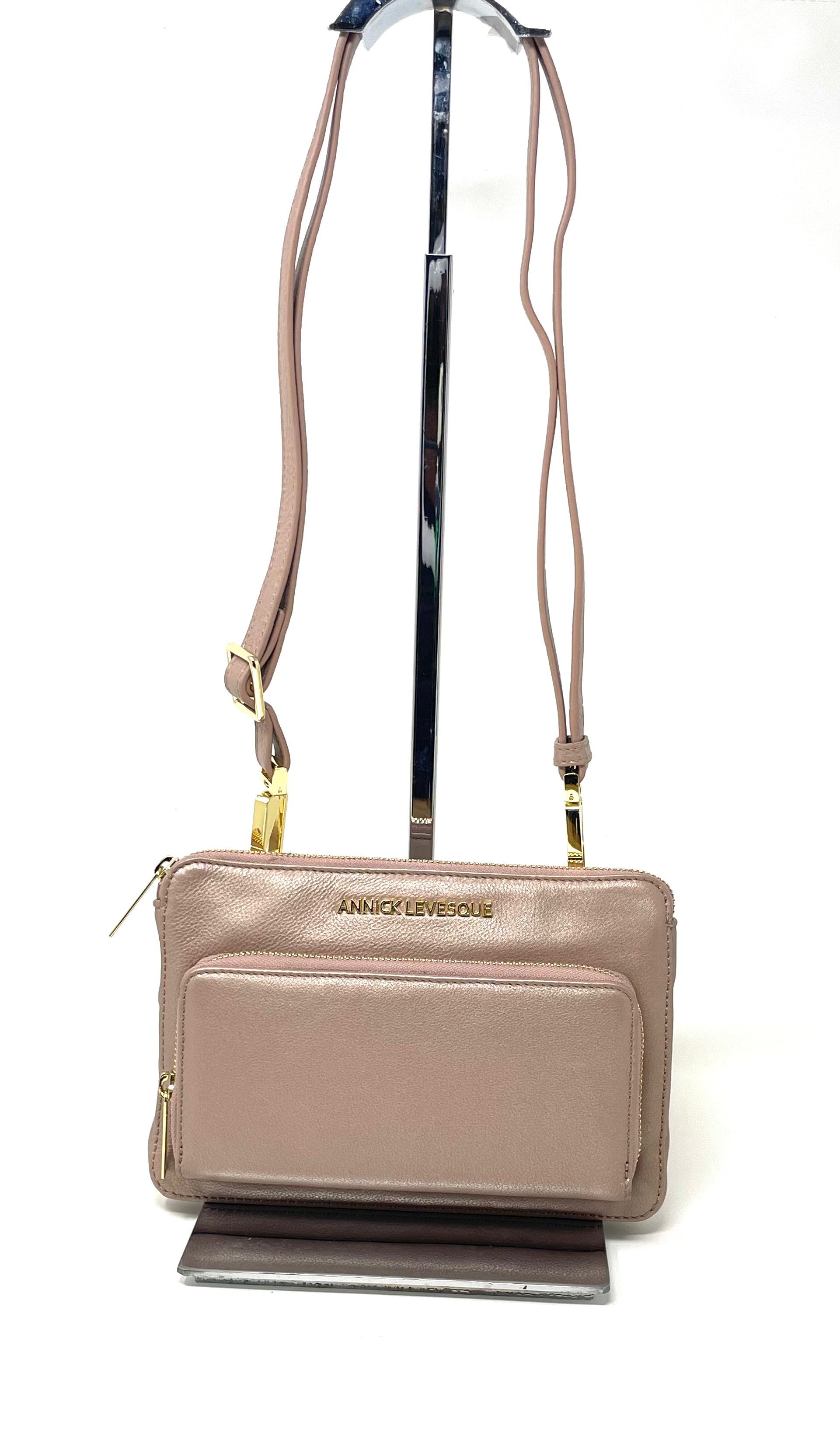 Petit Sac à Main-Portefeuille en Cuir Véritable Rose Platine, Carmen