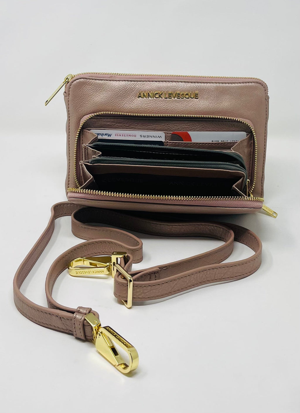 Petit Sac à Main-Portefeuille en Cuir Véritable Rose Platine, Carmen