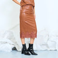 Faux-leather midi skirt with lace-trim hem