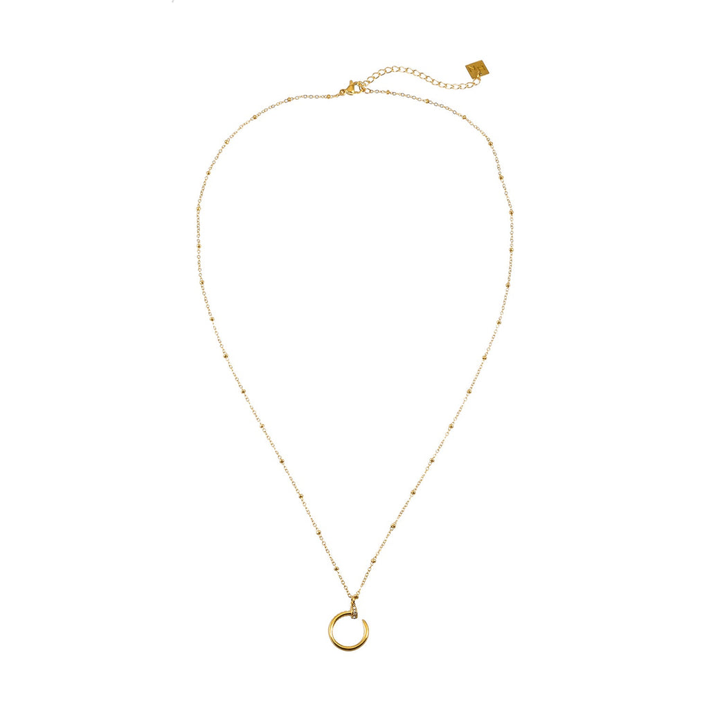 CSENGE Gold Necklace:  Zirconia Embedded Circular Nail Pendant on a Satellite Beaded Chain