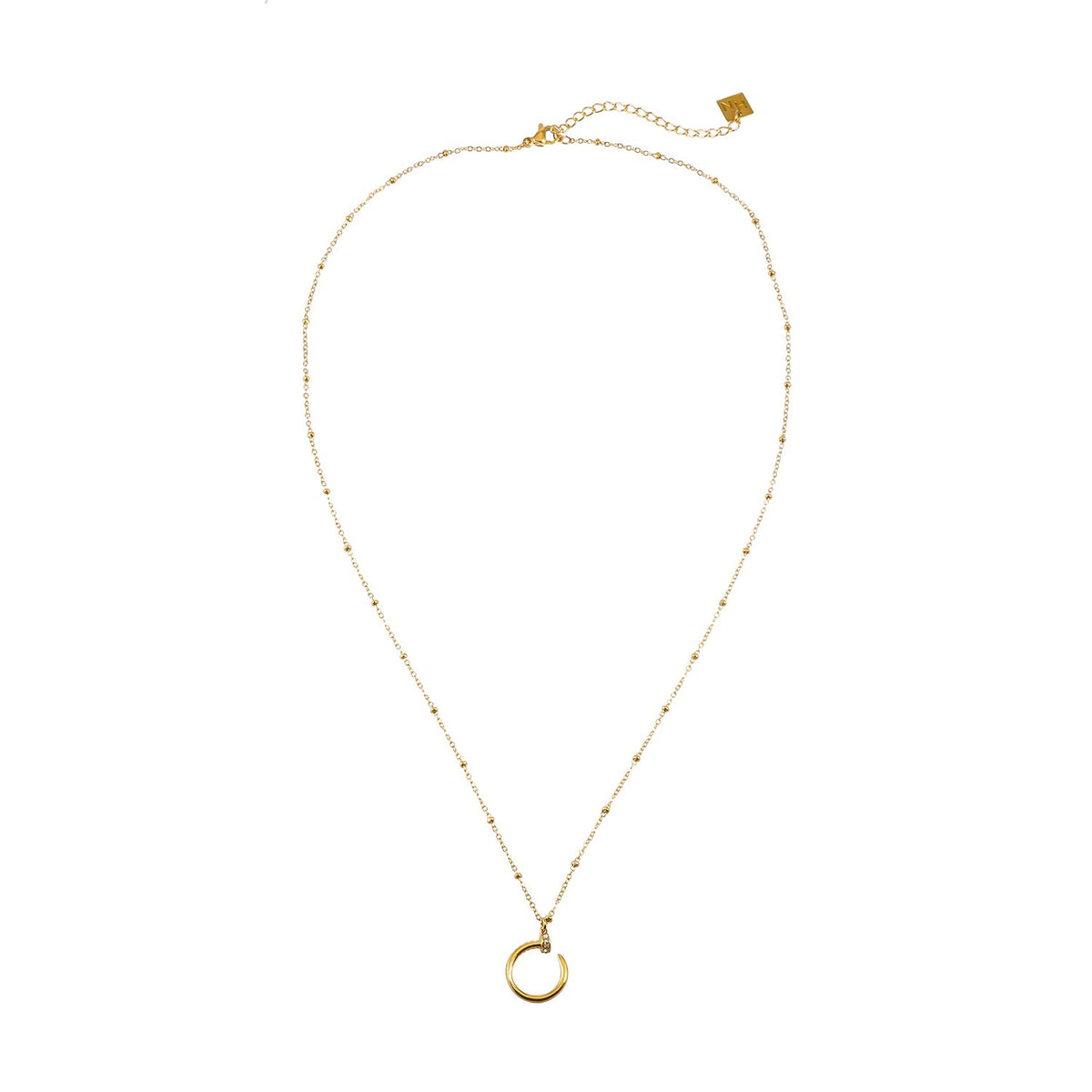 CSENGE Gold Necklace:  Zirconia Embedded Circular Nail Pendant on a Satellite Beaded Chain