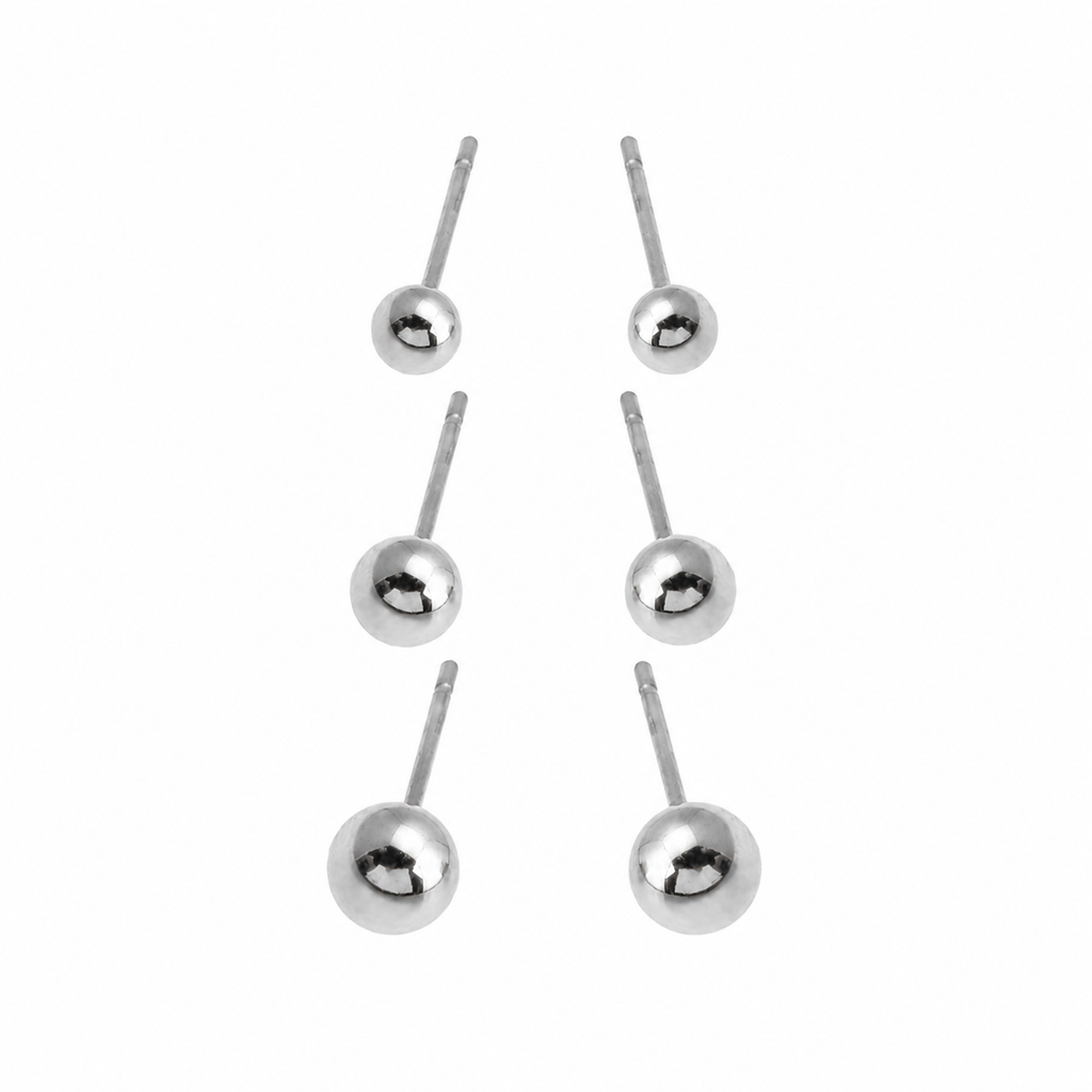 DESTINY Silver (White Gold): Classic 3-Pair Rounded Bead Stud Set