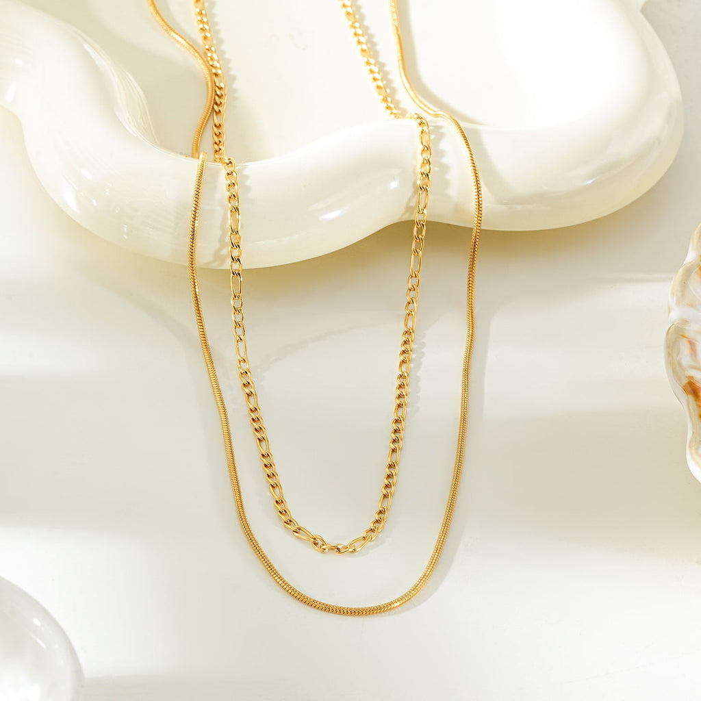 AMARA Gold: Dainty 2-Layered Loop & Snake-Texture Chain Necklace-Layer Gold Chain Necklace