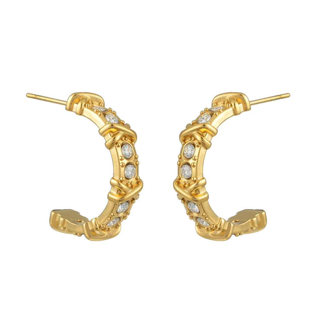ELICA Gold: Zirconia Embedded Hoop Earrings with Ornate Detail &  Crisscross Accents