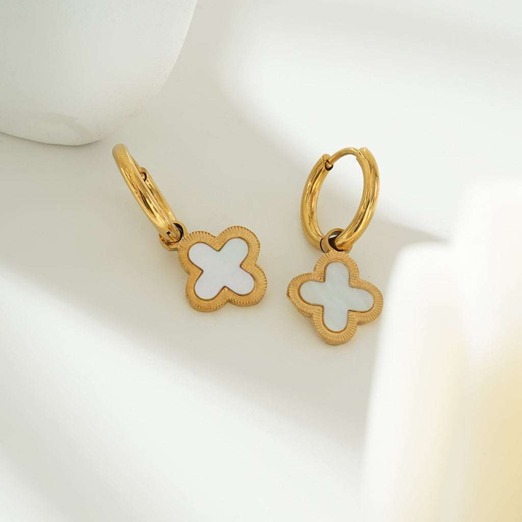 KADSRA Gold: Clover Shaped Shell Charm on a Classic Round Hoop