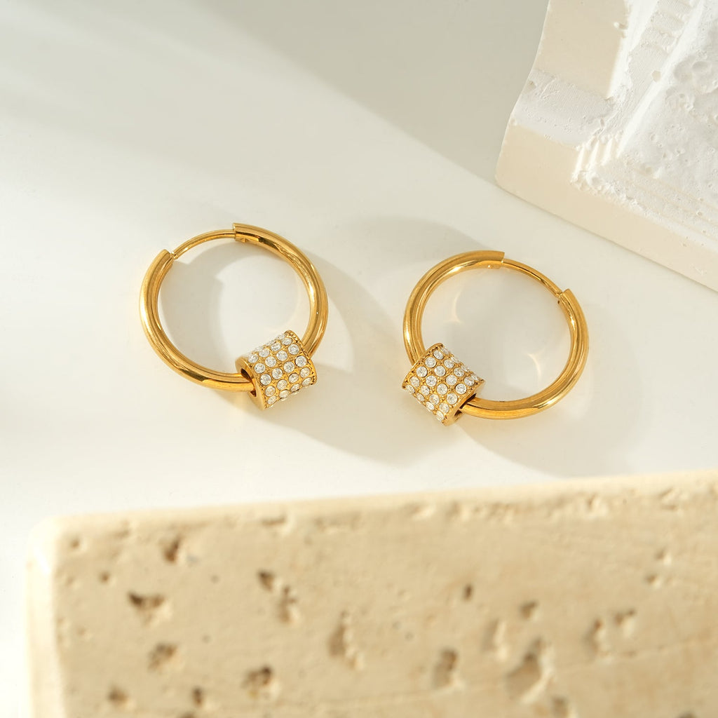 DUNIYA Gold: Mini Hoop Earrings with Barrel Pavé Zirconia Stones Charm – Luxe Modern Style