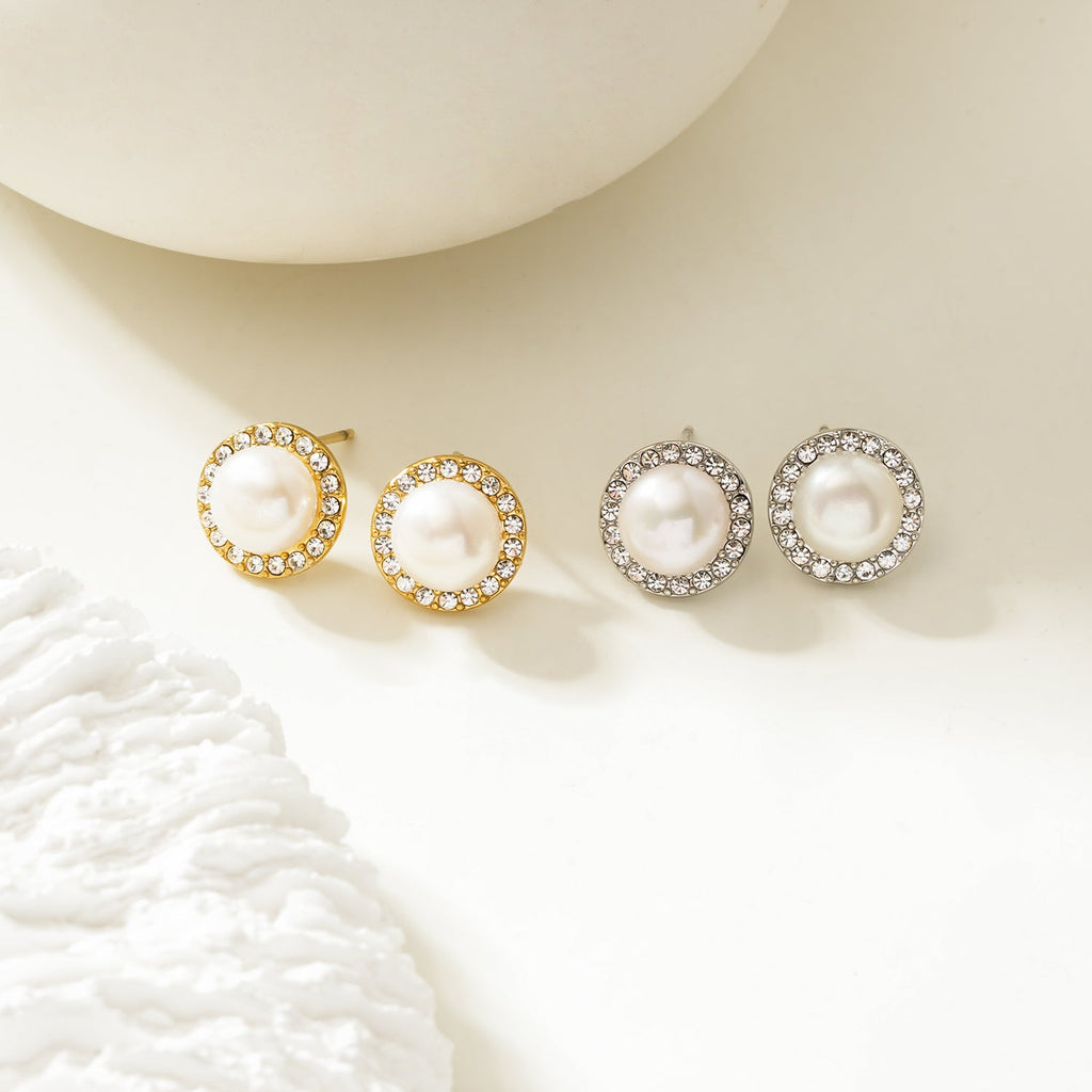CACIA Gold: Mini Stud Earrings with Freshwater Pearl & Pavé Zirconia Border