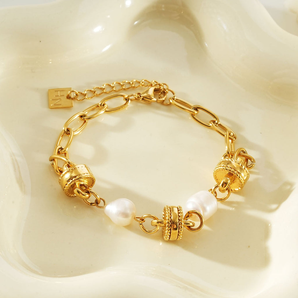ARGENTA Gold: Regal Harmony Chain Bracelet with Relic Orbs and Freshwater Pearls