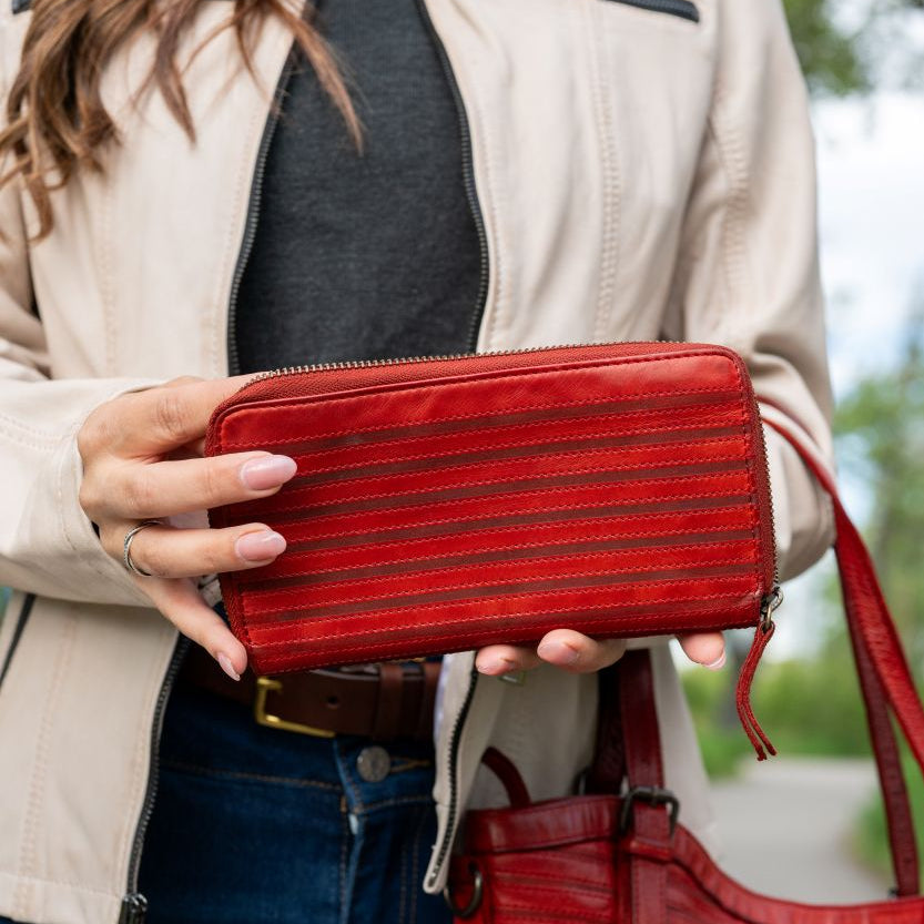 MET Women’s Leather Zip Around Wallet. Striped Textured Long Wallet