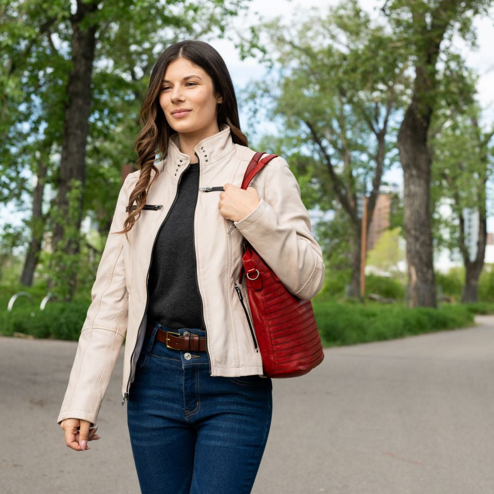 Women's Classic Sheep Leather Jacket. Standing Collar with Studs, 4 Zippered Pockets & Shoulder Accent Stitching