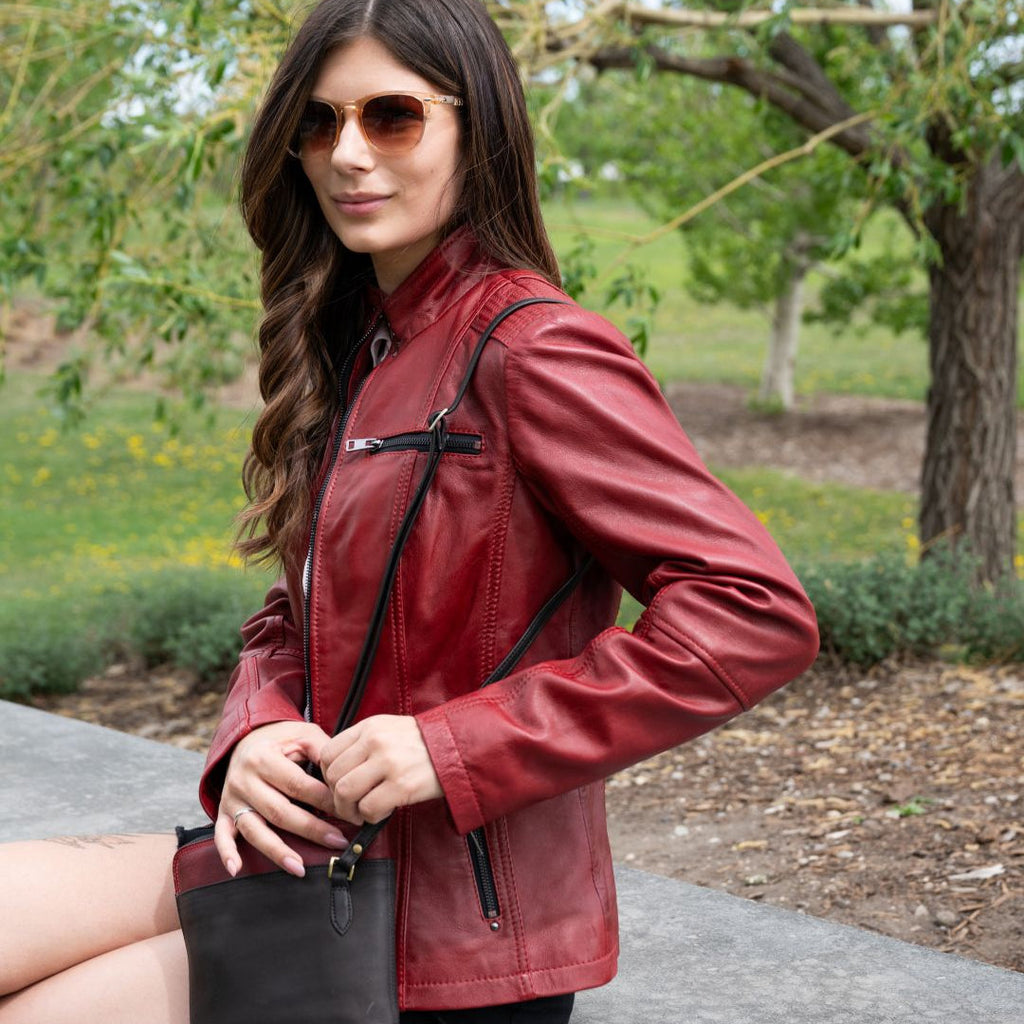 Women's Classic Sheep Leather Jacket. Standing Collar with Studs, 4 Zippered Pockets & Shoulder Accent Stitching