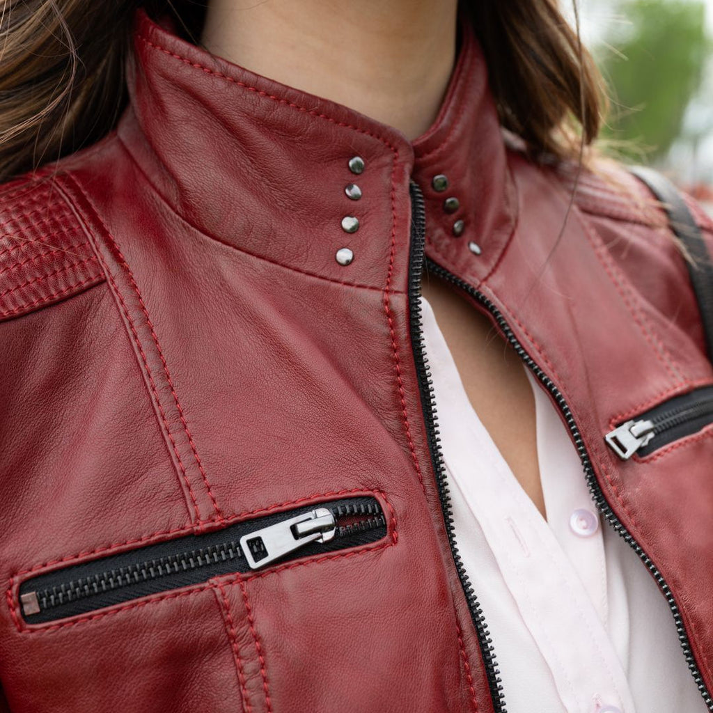 Women's Classic Sheep Leather Jacket. Standing Collar with Studs, 4 Zippered Pockets & Shoulder Accent Stitching