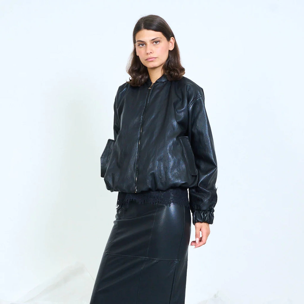 Faux-leather bomber jacket with lace sleeve panels