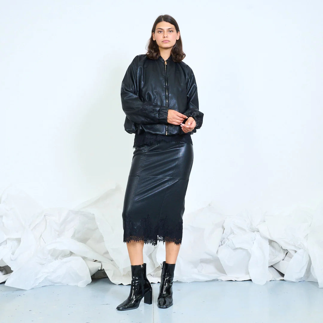 Faux-leather midi skirt with lace-trim hem