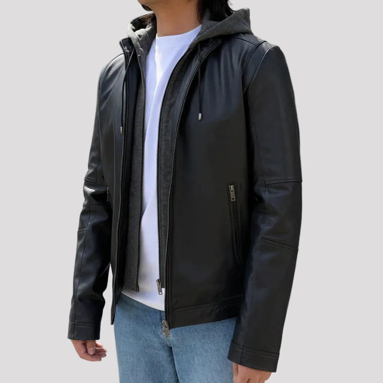 Men's Lamb Leather Hoodie Jacket with Detachable Hood