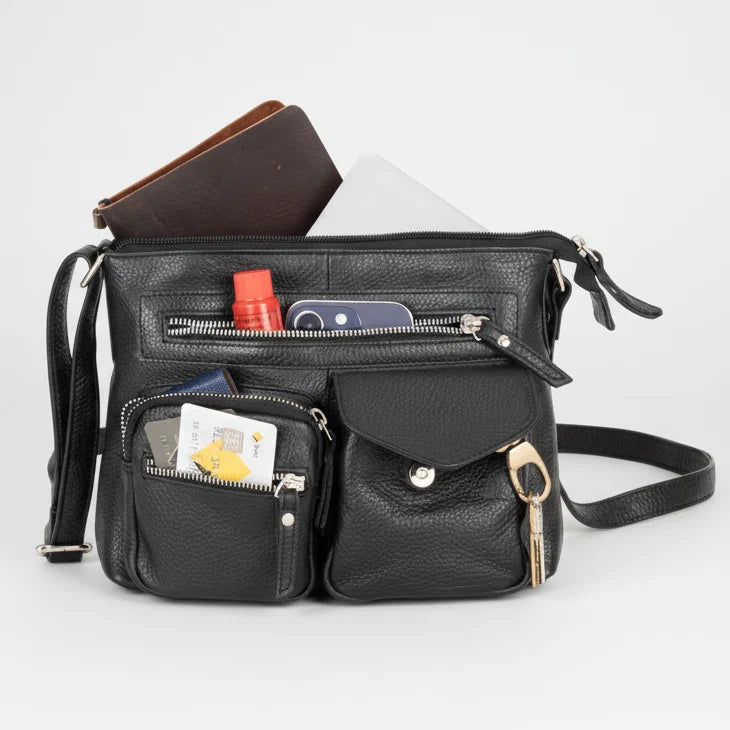 Greenwood Leather Multi-Pocket Crossbody Bag. Premium Pebbled Leather Handbag