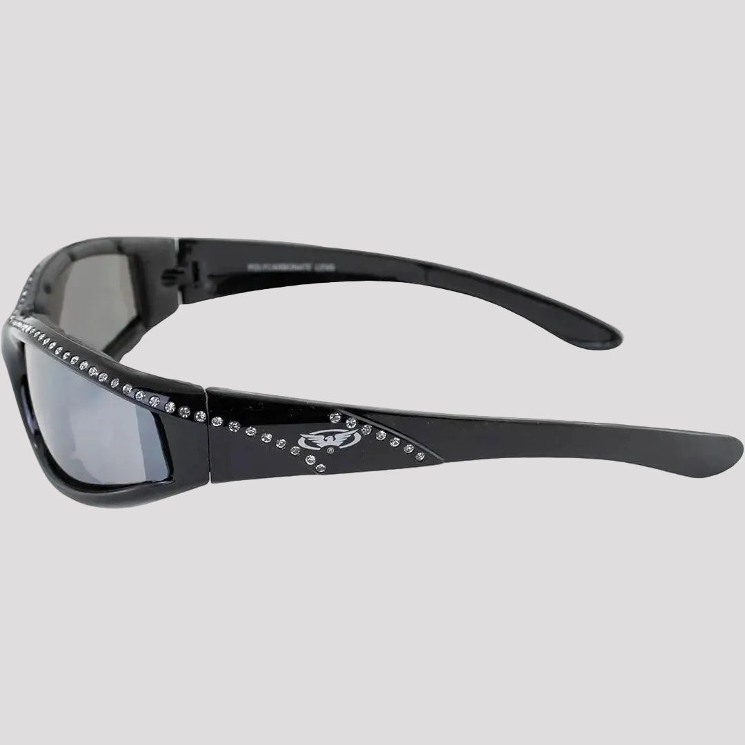 Global Vision Marilyn Women’s Rhinestone Motorcycle Sunglasses. Foam Padded Bling Riding Glasses with Shatterproof Flash Mirror Lenses