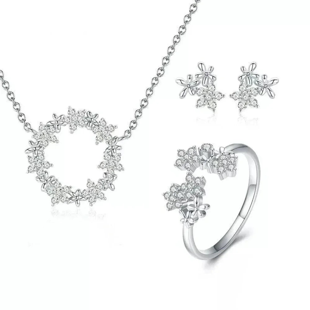Dazzling Starry Night: 925 Silver Necklace & Ring Set With Cubic Zirconia