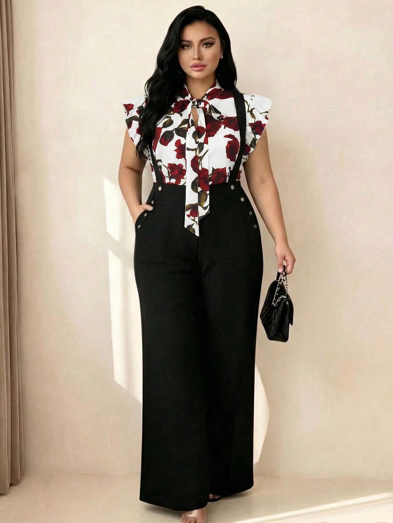 Rometta Plus Size Women's Romantic French Rose Print Cap Sleeve Shirt With Pocket, And Wide Leg Suspender Pants Set,