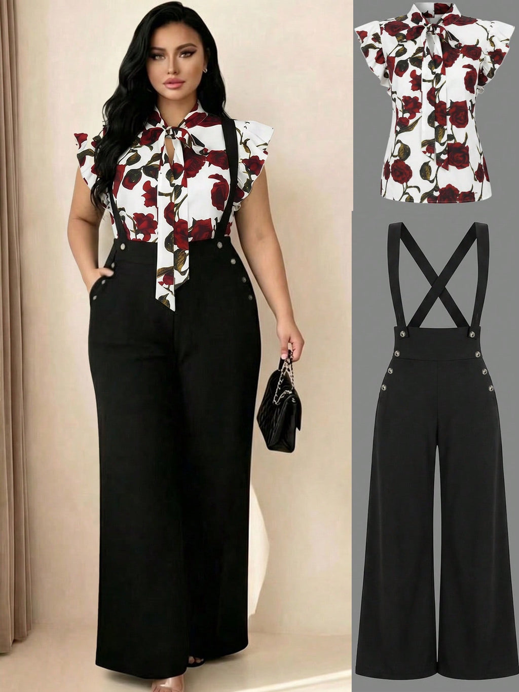 Rometta Plus Size Women's Romantic French Rose Print Cap Sleeve Shirt With Pocket, And Wide Leg Suspender Pants Set,
