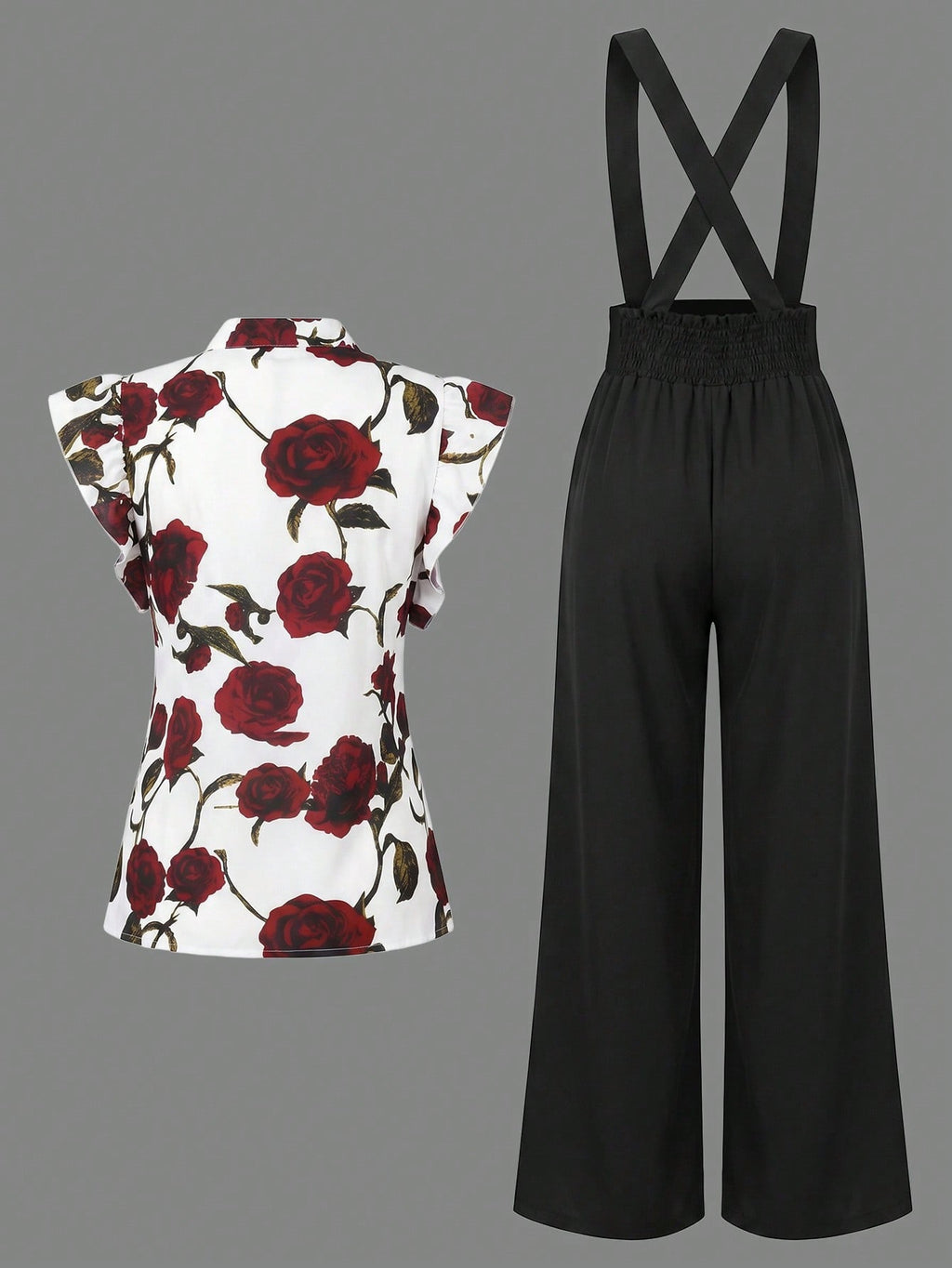 Rometta Plus Size Women's Romantic French Rose Print Cap Sleeve Shirt With Pocket, And Wide Leg Suspender Pants Set,
