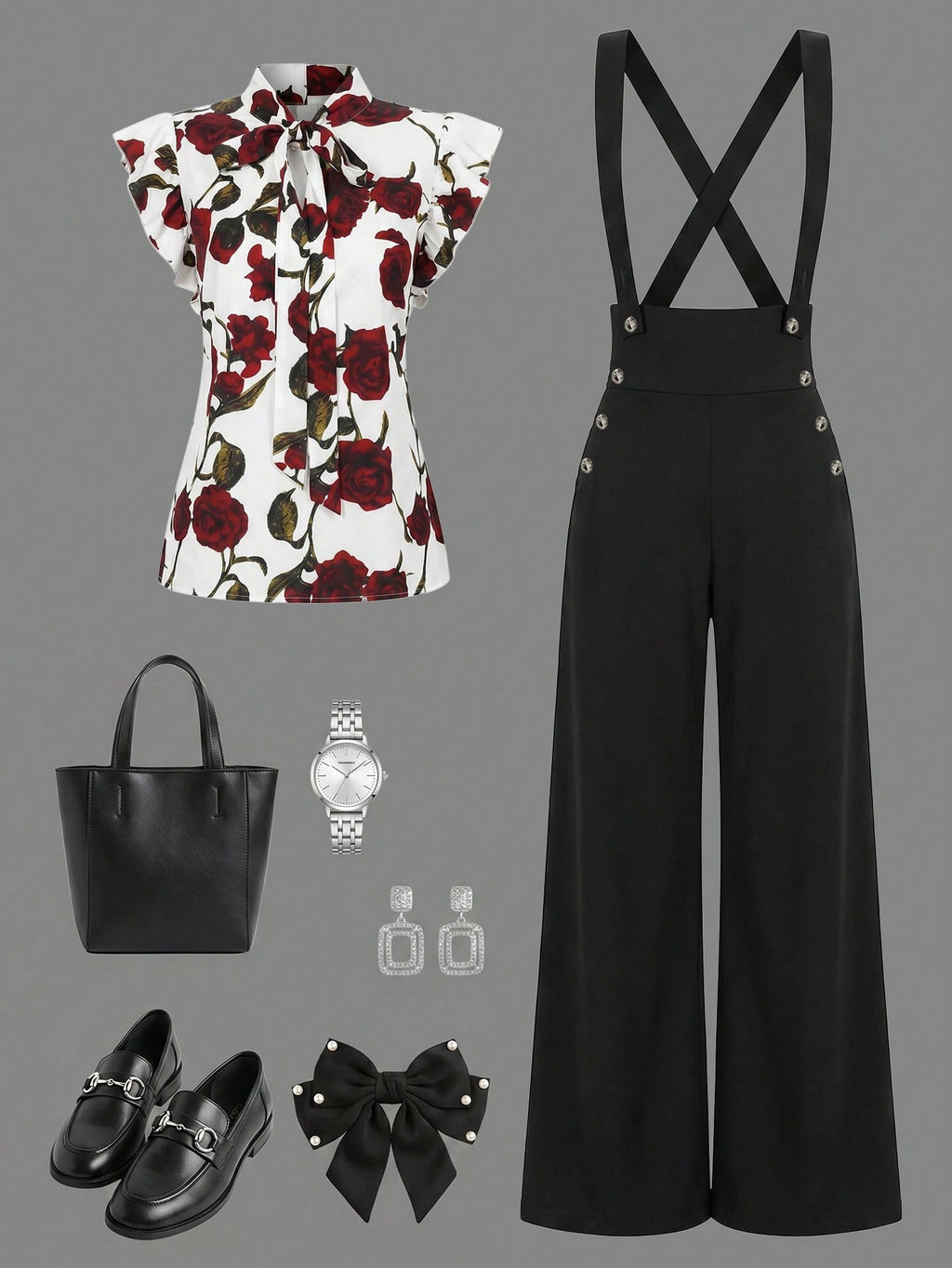 Rometta Plus Size Women's Romantic French Rose Print Cap Sleeve Shirt With Pocket, And Wide Leg Suspender Pants Set,