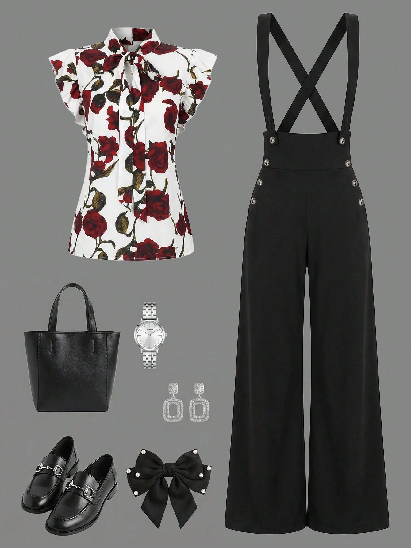 Rometta Plus Size Women's Romantic French Rose Print Cap Sleeve Shirt With Pocket, And Wide Leg Suspender Pants Set,