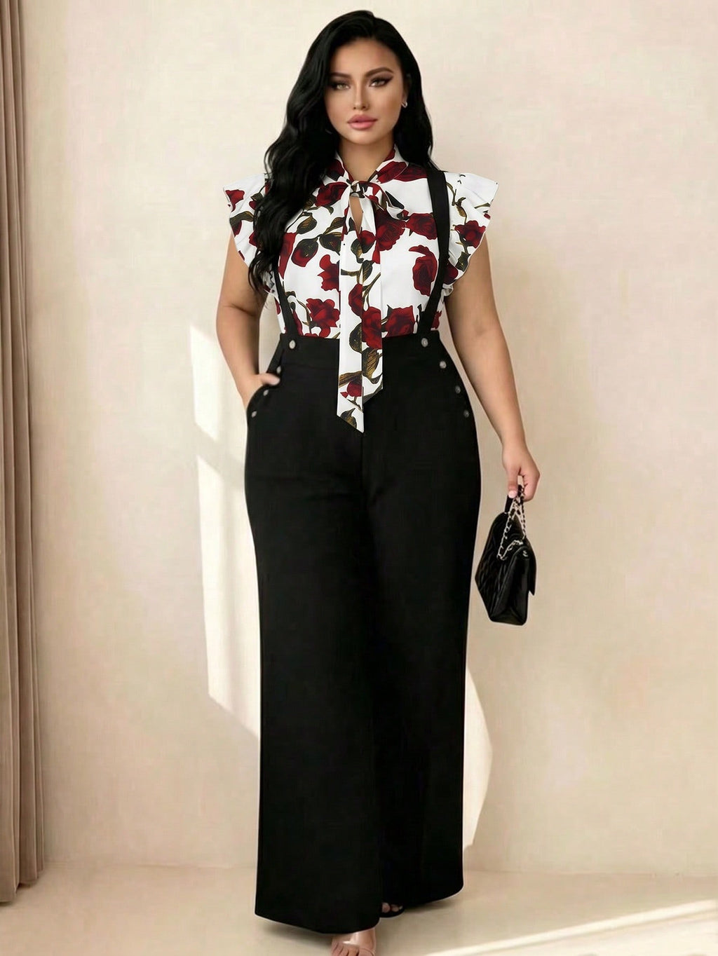 Rometta Plus Size Women's Romantic French Rose Print Cap Sleeve Shirt With Pocket, And Wide Leg Suspender Pants Set,