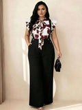 Rometta Plus Size Women's Romantic French Rose Print Cap Sleeve Shirt With Pocket, And Wide Leg Suspender Pants Set,