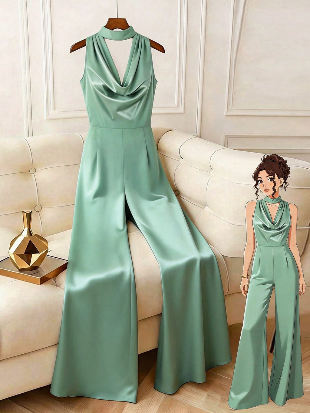 GlowEve CURVE Plus Size Elegant Solid Color Halter Jumpsuit, Summer