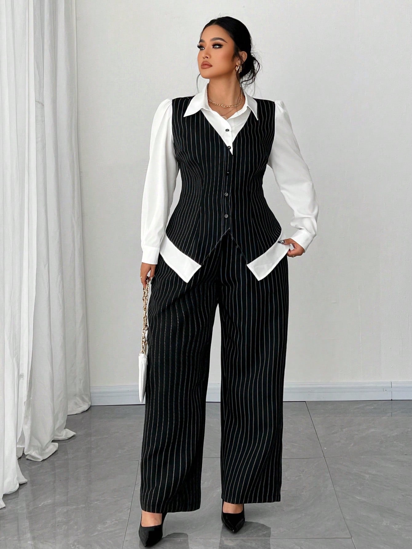 Elenzga 2pcs Set Plus Size Women White Black
