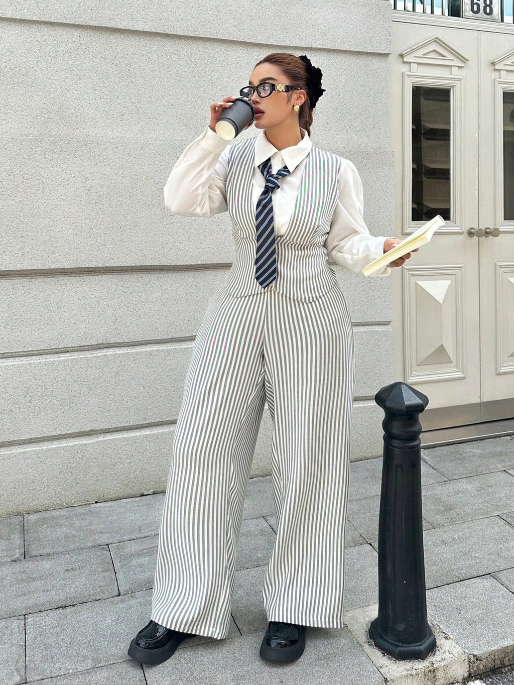 POPSWAY Plus Size Women Striped Deep V-Neck Vest With Wide Leg Pants Set, Fashionable Office Outfit