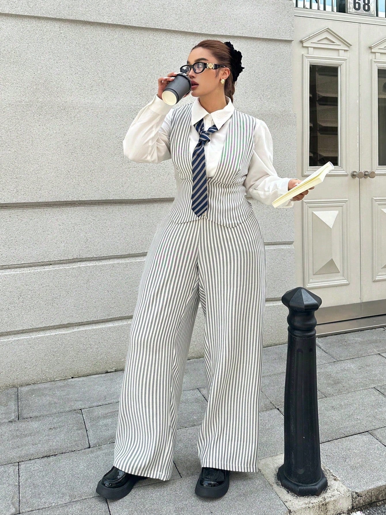 POPSWAY Plus Size Women Striped Deep V-Neck Vest With Wide Leg Pants Set, Fashionable Office Outfit