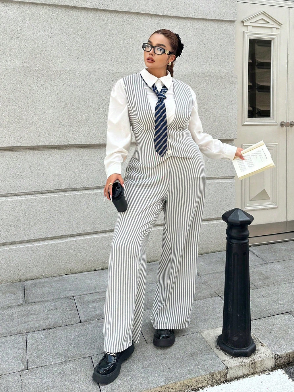 POPSWAY Plus Size Women Striped Deep V-Neck Vest With Wide Leg Pants Set, Fashionable Office Outfit